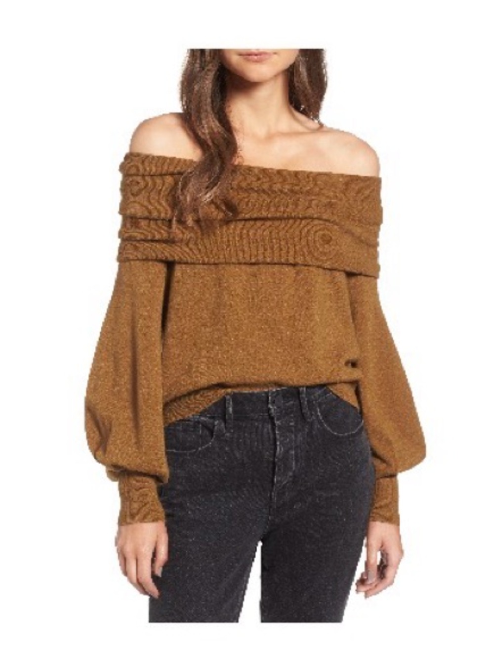 Treasure & Bond Off-the-Shoulder Cable Foldover Sweater - Brown